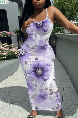 Purple Casual Floral Print Sleeveless Backless Spaghetti Strap U Neck Vacation Bodycon Maxi Slip Dress