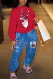 Black Red Christmas letetr Plaid Print Round Neck Long Sleeve Sweatshirt and Patch Sweatpants Fall Winter Two Pieces Sweatsuits Sets