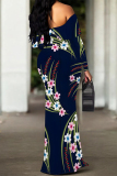 White Floral Polka Dot Print Off Shoulder Long Sleeve One Step Skirt Vacation Boho Maxi Dresses