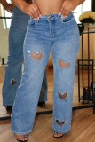 Blue Casual Patchwork Hot Drilling  Heart-shaped Cut OutHigh Waist Straight Denim Jeans