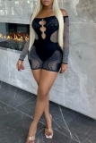 Black Sexy Party Club Cut Out See-Through Off Shoulder Long Sleeve Skinny Rompers