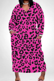 Dark Gray Leopard Print V Neck Long Sleeve Ankle Length Casual Outings Plus Size Straight Loose Tunic Maxi Dress With Pocket