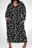 Dark Gray Leopard Print V Neck Long Sleeve Ankle Length Casual Outings Plus Size Straight Loose Tunic Maxi Dress With Pocket