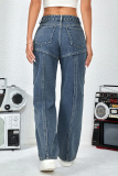 Navy Blue Loose Casual Buttons High Waist Straight Leg Denim Jeans