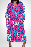 Dark Gray Leopard Print V Neck Long Sleeve Ankle Length Casual Outings Plus Size Straight Loose Tunic Maxi Dress With Pocket
