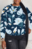 Dark Blue Floral Print Round Neck Long Sleeve Fall Winter Sweatshirt Tops