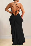 Black Sleeveless Deep V-neck Floor-length Mermaid Hem Evening Formal Party Halter Bodycon Dress