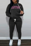 Brown Sportwear Casual Letter Print Hooded Long Sleeve Sweatshirt and Pencil Sweatpants Fall Winter Two Pieces Sweatsuits Sets