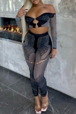 Black Party Club Bodycon Knitted Cut Out See-Through Backless Off Shoulder Long Sleeve Crop Tops and Pencil Pants Two Pieces Sets
