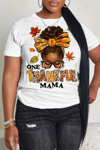 White Brown Casual African Girl Print Round Neck Short Sleeve T-Shirts Tops
