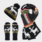 Red Christmas Reindeer Pattern Wapiti Contrast Knitted Hat Scarf Gloves Set