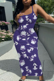 Purple Casual Floral Print Sleeveless Backless Spaghetti Strap U Neck Vacation Bodycon Maxi Slip Dress