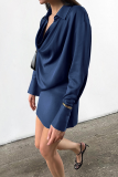 Blue Ruched Irregular Pile Heap Collar Long Sleeve Formal Office Lady Mini Satin Shirt Dresses