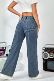 Navy Blue Loose Casual Buttons High Waist Straight Leg Denim Jeans