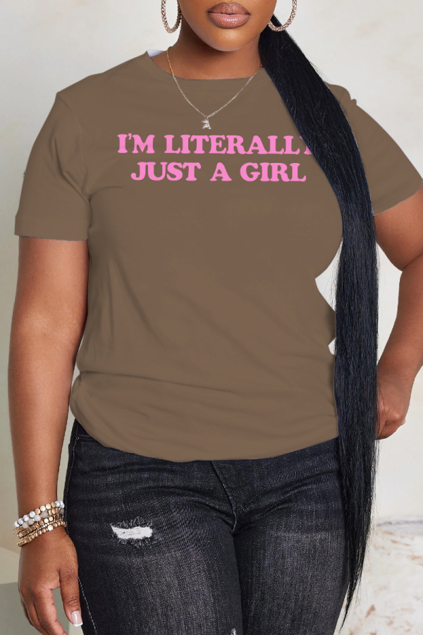 Brown Casual Letter Print Round Neck Short Sleeve T-Shirts Tops