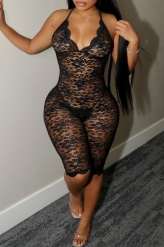 Black Sexy Hot Club Party Deep V Lace See-Through Backless Spaghetti Strap Skinny Cami Rompers Playsuits