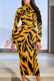 Color Animal Print O Neck Long Sleeve Casual Outing Vacation Fall Bodycon Maxi Dress