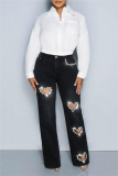 Blue Casual Patchwork Hot Drilling  Heart-shaped Cut OutHigh Waist Straight Denim Jeans