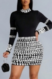 Black Hot Drill Half A Turtleneck Long Sleeve Wrapped Skirt Formal Evening Party Prom Bodycon Mini Dresses