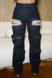 Blue Casual Hollow Out Pocket Hot Drill High Waist Straight Denim Cargo Jeans