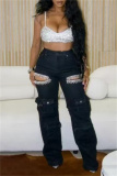 Blue Casual Hollow Out Pocket Hot Drill High Waist Straight Denim Cargo Jeans