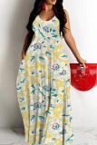 Light Green Floral Print Sleeveless Backless Spaghetti Strap Casual Outing Straight Loose Maxi Dress