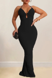 Black Sleeveless Deep V-neck Floor-length Mermaid Hem Evening Formal Party Halter Bodycon Dress