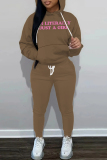 Brown Sportwear Casual Letter Print Hooded Long Sleeve Sweatshirt and Pencil Sweatpants Fall Winter Two Pieces Sweatsuits Sets
