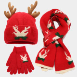 Red Christmas Contrast Reindeer Antler Decor Knitted Scarf Hat Gloves Three Piece Set