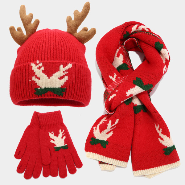 Red Christmas Contrast Reindeer Antler Decor Knitted Scarf Hat Gloves Three Piece Set