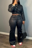Black PU Skinny Casual Buttons Turndown Collar Button-up Long Sleeve Jackets and Flared Pants Fall Winter Two Pieces Sets