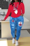 Black Red Christmas Casual Letter Plaid Print Round Neck Long Sleeve Sweatshirt and Pencil Sweatpants Fall Winter Two Pieces Sweatsuits Sets