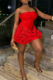 Red Backless Flower Shape Wrapped Strapless Ruffled Skirt Night Outs Cocktail Bodycon Party Mini Dress