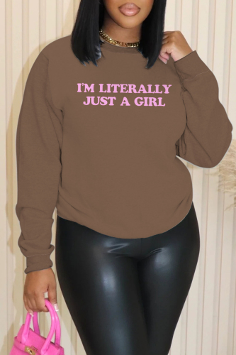 Brown Loose Casual Fleece-lined Letter Print Round Neck Long Sleeve Sweatshirt Tops