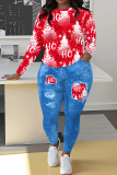 Black Red Christmas Casual Letter Plaid Print Round Neck Long Sleeve Sweatshirt and Pencil Sweatpants Fall Winter Two Pieces Sweatsuits Sets