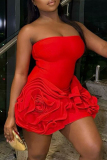 Red Backless Flower Shape Wrapped Strapless Ruffled Skirt Night Outs Cocktail Bodycon Party Mini Dress