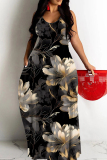Light Green Floral Print Sleeveless Backless Spaghetti Strap Casual Outing Straight Loose Maxi Dress