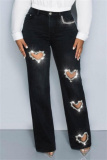 Blue Casual Patchwork Hot Drilling  Heart-shaped Cut OutHigh Waist Straight Denim Jeans