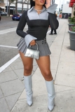 Grey Sexy Bodycon Striped Print Contrast Turndown Collar Long Flare Sleeve Tops and Mini Pleated Skirts Two Pieces Dress Sets