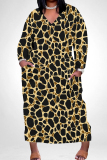 Dark Gray Leopard Print V Neck Long Sleeve Ankle Length Casual Outings Plus Size Straight Loose Tunic Maxi Dress With Pocket