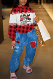 Black Red Christmas letetr Plaid Print Round Neck Long Sleeve Sweatshirt and Patch Sweatpants Fall Winter Two Pieces Sweatsuits Sets