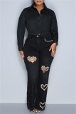 Blue Casual Patchwork Hot Drilling  Heart-shaped Cut OutHigh Waist Straight Denim Jeans