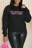 Brown Loose Casual Fleece-lined Letter Print Round Neck Long Sleeve Sweatshirt Tops