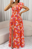 Red Tropical Floral Backless V-Neck Oblique Collar Ruffled Trim Long Vacation Beach Outings Summer A Line Maxi Dress