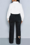 Blue Casual Patchwork Hot Drilling  Heart-shaped Cut OutHigh Waist Straight Denim Jeans