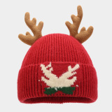 Red Christmas Contrast Reindeer Antler Decor Knitted Scarf Hat Gloves Three Piece Set