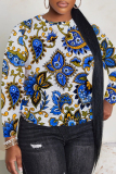 Dark Blue Floral Print Round Neck Long Sleeve Fall Winter Sweatshirt Tops