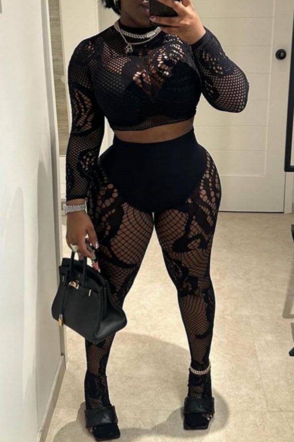 Red Skinny Party Club Mesh Round Neck Long Sleeve Crop Tops and Pencil Pants Two Pieces Matching Sets