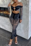Black Party Club Bodycon Knitted Cut Out See-Through Backless Off Shoulder Long Sleeve Crop Tops and Pencil Pants Two Pieces Sets