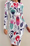 Apricot Floral Letter Print O Neck Long Sleeve Casual Outing Bodycon Pencil Midi Dress